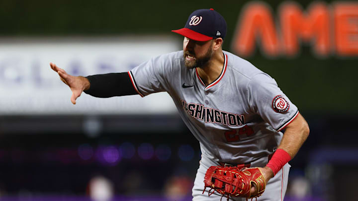Sep 4, 2024; Miami, Florida, USA; Washington Nationals first baseman Joey Gallo (24) runs to first base to retire Miami Marlins designated hitter Jonah Bride (not pictured) during the second inning at loanDepot Park. 