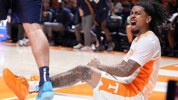 Tennessee guard Terrence Hill Jr. (3) reacts after being fouled while scoring during a college basketball exhibition game against Xavier on Oct. 15, 2026, in Knoxville, Tennessee.