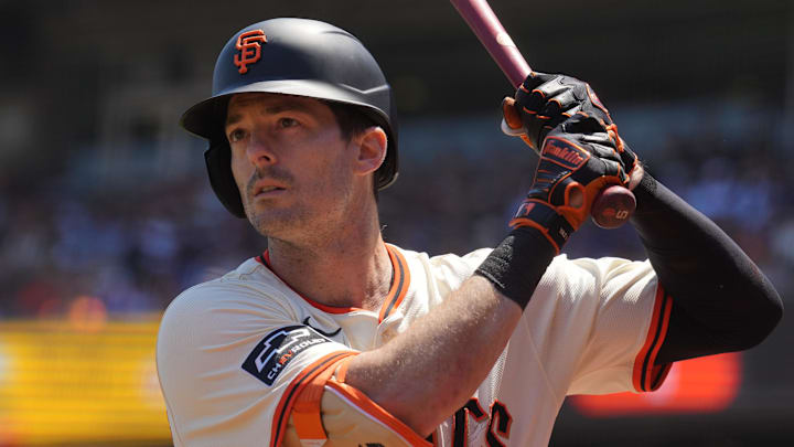 Jul 12, 2025; San Francisco, California, USA; San Francisco Giants right fielder Mike Yastrzemski (5) prepares to bat against the Los Angeles Dodgers during the fifth inning at Oracle Park. Mandatory Credit: Darren Yamashita-Imagn Images