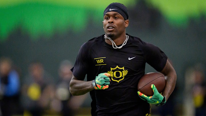 Oregon wide receiver Malik Benson carries the ball during Oregon Pro Day on March 17, 2026, at the Moshofsky Center in Eugene, Oregon.