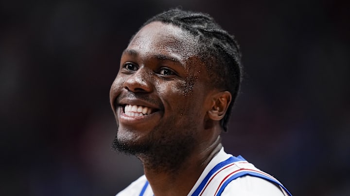 Feb 7, 2026; Lawrence, Kansas, USA; Kansas Jayhawks forward Flory Bidunga (40) reacts during the first half against the Kansas Jayhawks at Allen Fieldhouse. Mandatory Credit: Jay Biggerstaff-Imagn Images