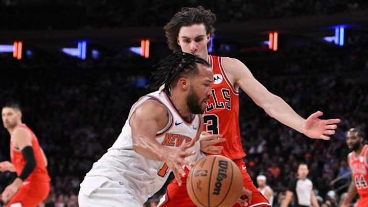 Nov 13, 2024; New York, New York, USA; New York Knicks guard Jalen Brunson (11) drives to the basket while being defended by Chicago Bulls guard Josh Giddey (3) during the first half at Madison Square Garden. Mandatory Credit: John Jones-Imagn Images