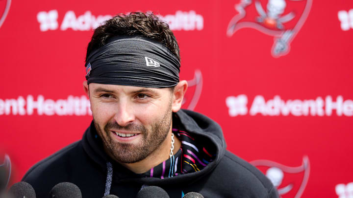 Jun 10, 2025; Tampa Bay, FL, USA; Tampa Bay Buccaneers quarterback Baker Mayfield (6) gives a press conference after mini camp at AdventHealth Training Center. Mandatory Credit: Nathan Ray Seebeck-Imagn Images