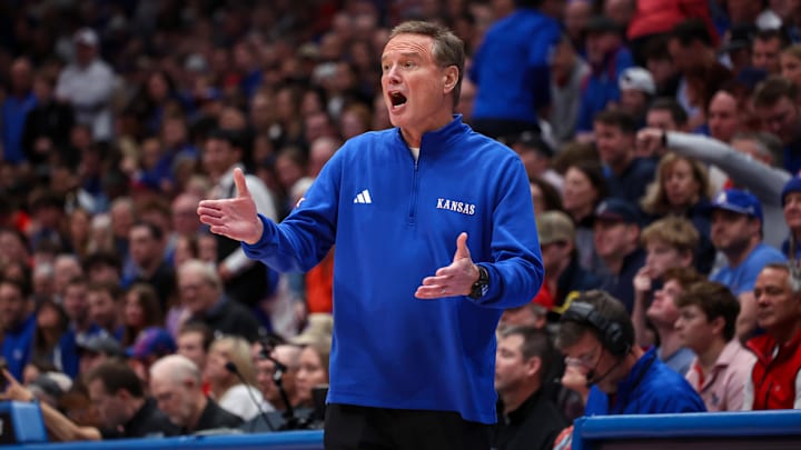 Mar 7, 2026; Lawrence, Kansas, USA; Kansas Jayhawks head coach Bill Self questions a call by the official during the second half against the Kansas State Wildcats at Allen Fieldhouse. Mandatory Credit: Scott Sewell-Imagn Images