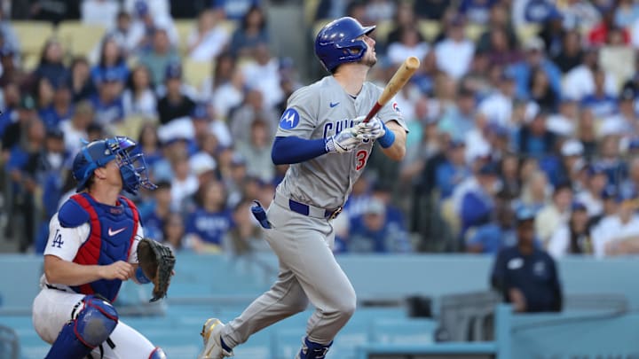 Apr 13, 2025; Los Angeles, California, USA; Chicago Cubs outfielder Kyle Tucker (30) hits a ground rule double against the Los Angeles Dodgers during the eighth inning of the game at Dodger Stadium. Mandatory Credit: Kiyoshi Mio-Imagn Images Apr 13, 2025; Los Angeles, California, USA; Chicago Cubs outfielder Kyle Tucker (30) hits a ground rule double against the Los Angeles Dodgers during the eighth inning of the game at Dodger Stadium. Mandatory Credit: Kiyoshi Mio-Imagn Images