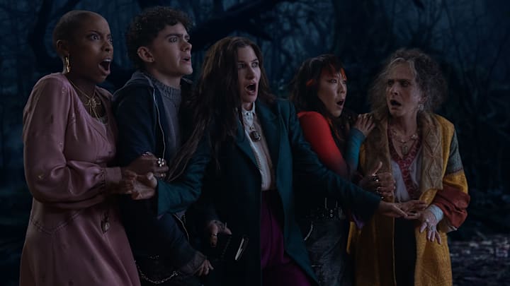 (L-R) Jennifer Kale (Sasheer Zamata), Teen (Joe Locke), Agatha Harkness (Kathryn Hahn), Alice Wu-Gulliver (Ali Ahn), and Lilia Calderu (Patti LuPone) in Marvel Television's AGATHA ALL ALONG, exclusively on Disney+. Photo by Chuck Zlotnick. © 2024 MARVEL.