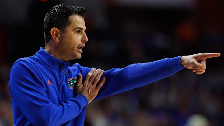 Jan 10, 2026; Gainesville, Florida, USA; Florida Gators head coach Todd Golden gestures against the Tennessee Volunteers during the second half at Exactech Arena at the Stephen C. O'Connell Center. Mandatory Credit: Matt Pendleton-Imagn Images