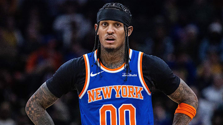 Dec 18, 2025; Indianapolis, Indiana, USA;  New York Knicks guard Jordan Clarkson (00) in the second half against the Indiana Pacers at Gainbridge Fieldhouse. Mandatory Credit: Trevor Ruszkowski-Imagn Images