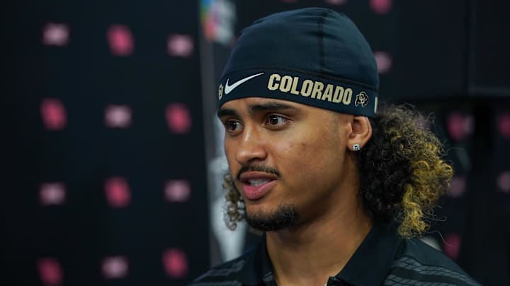 Jul 9, 2025; Frisco, TX, USA; Colorado quarterback Julian Lewis speaks with the media during 2025 Big 12 Football Media Days at The Star. Mandatory Credit: Raymond Carlin III-Imagn Images