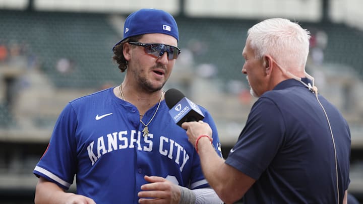 Aug 24, 2025; Detroit, Michigan, USA; Kansas City Royals first baseman Vinnie Pasquantino (9) is interviewed at the end of the game against the Detroit Tigers at Comerica Park. Mandatory Credit: Brian Bradshaw Sevald-Imagn Images