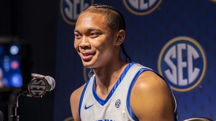 Oct 14, 2025; Birmingham, AL, USA; Kentucky Wildcats guard Jaland Lowe talks with the media during SEC Media Days at Grand Bohemian Hotel. Mandatory Credit: Vasha Hunt-Imagn Images