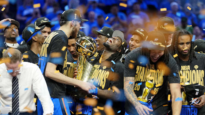 Oklahoma City Thunder guard Luguentz Dort celebrates after winning Game 7 of the 2025 NBA Finals. Oklahoma City Thunder guard Luguentz Dort celebrates after winning Game 7 of the 2025 NBA Finals.