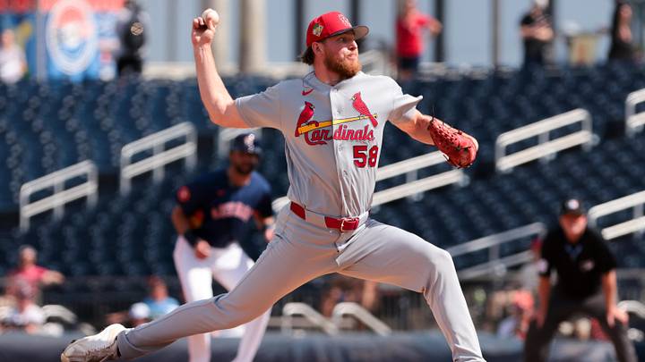 Feb 22, 2026; West Palm Beach, Florida, USA; St. Louis Cardinals relief pitcher Chris Roycroft (58) delivers a pitch against the Houston Astros during the third inning at CACTI Park of the Palm Beaches. Mandatory Credit: Sam Navarro-Imagn Images Feb 22, 2026; West Palm Beach, Florida, USA; St. Louis Cardinals relief pitcher Chris Roycroft (58) delivers a pitch against the Houston Astros during the third inning at CACTI Park of the Palm Beaches. Mandatory Credit: Sam Navarro-Imagn Images
