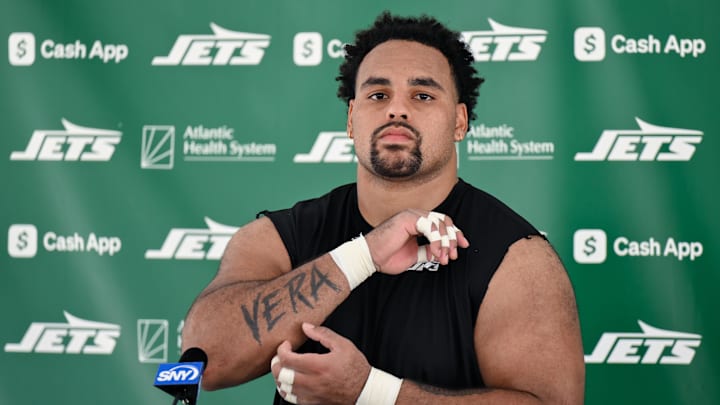 Jul 24, 2025; Florham Park, NY, USA; New York Jets guard Alijah Vera-Tucker (75) speaks to the media during training camp at Atlantic Health Jets Training Center. Mandatory Credit: John Jones-Imagn Images