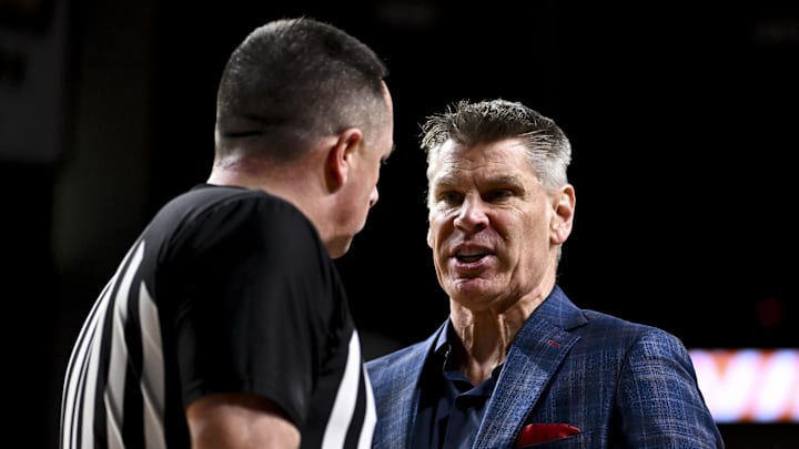 Jan 10, 2026; College Station, Texas, USA; Oklahoma Sooners head coach Porter Moser reacts during the first half against the Texas A&M Aggies at Reed Arena.