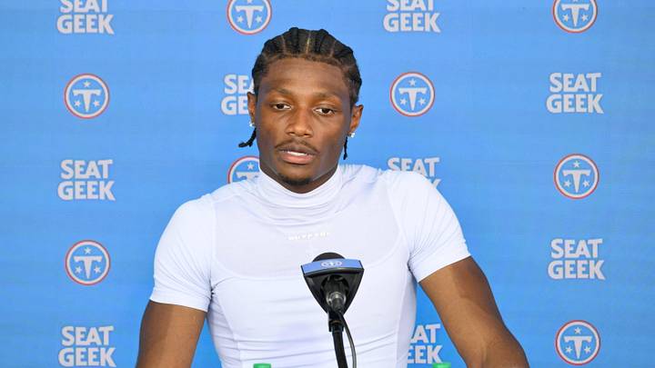 Jun 16, 2026; Nashville, TN, USA;  Tennessee Titans wider receiver Carnell Tate (14) talks with the media post practice during day 1 of mini-camp at Vanderbilt Health Football Center. Mandatory Credit: Steve Roberts-Imagn Images