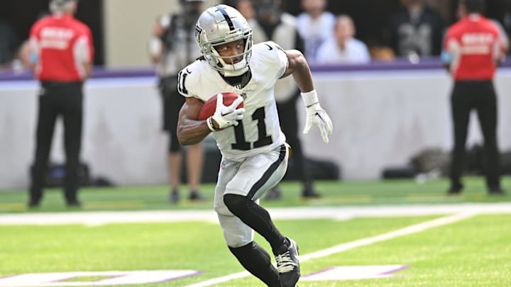Aug 10, 2024; Minneapolis, Minnesota, USA; Las Vegas Raiders wide receiver Tre Tucker (11) returns a kickoff against the Minnesota Vikings during the second quarter at U.S. Bank Stadium. Mandatory Credit: Jeffrey Becker-Imagn Images Aug 10, 2024; Minneapolis, Minnesota, USA; Las Vegas Raiders wide receiver Tre Tucker (11) returns a kickoff against the Minnesota Vikings during the second quarter at U.S. Bank Stadium. Mandatory Credit: Jeffrey Becker-Imagn Images