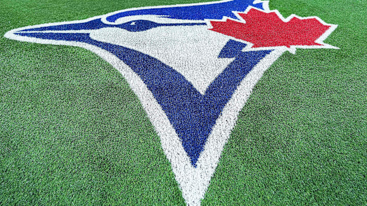 A general view of the Toronto Blue Jays logo during Opening Day before a game against the Baltimore Orioles at Rogers Centre.