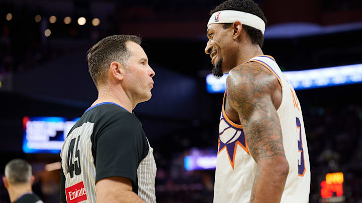 Dec 28, 2024; San Francisco, California, USA; Phoenix Suns guard Bradley Beal (3) talks with referee Brian Forte (45) during the fourth quarter at Chase Center. Mandatory Credit: Robert Edwards-Imagn Images Dec 28, 2024; San Francisco, California, USA; Phoenix Suns guard Bradley Beal (3) talks with referee Brian Forte (45) during the fourth quarter at Chase Center. Mandatory Credit: Robert Edwards-Imagn Images