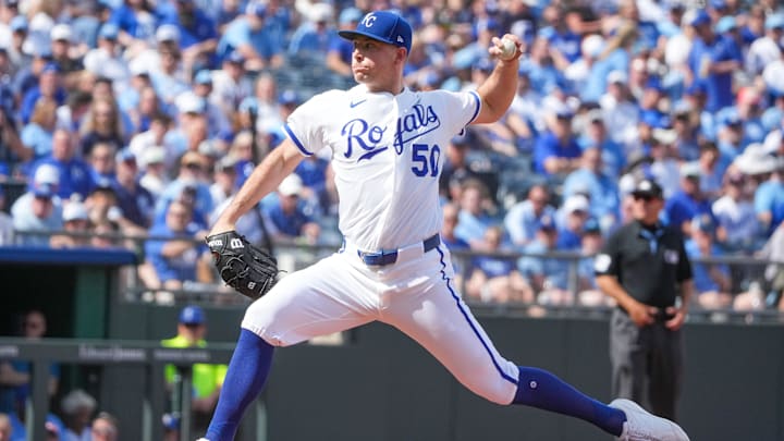 Mar 30, 2026; Kansas City, Missouri, USA; Kansas City Royals starting pitcher Kris Bubic (50) delivers a pitch against the Minnesota Twins during the first inning at Kauffman Stadium. Mandatory Credit: Denny Medley-Imagn Images