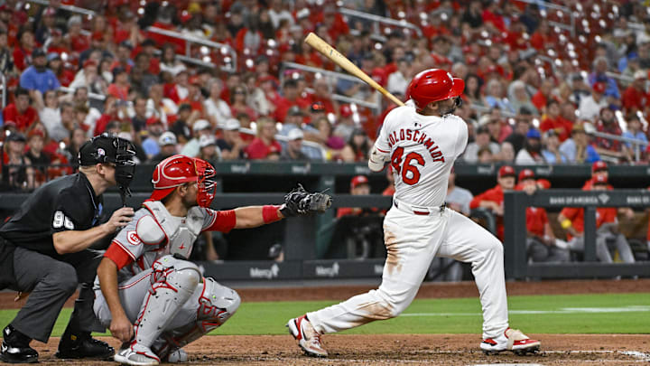 Sep 11, 2024; St. Louis, Missouri, USA; St. Louis Cardinals first baseman Paul Goldschmidt (46) hits a go ahead one run double against the Cincinnati Reds during the eighth inning at Busch Stadium. Mandatory Credit: Jeff Curry-Imagn Images Sep 11, 2024; St. Louis, Missouri, USA; St. Louis Cardinals first baseman Paul Goldschmidt (46) hits a go ahead one run double against the Cincinnati Reds during the eighth inning at Busch Stadium. Mandatory Credit: Jeff Curry-Imagn Images