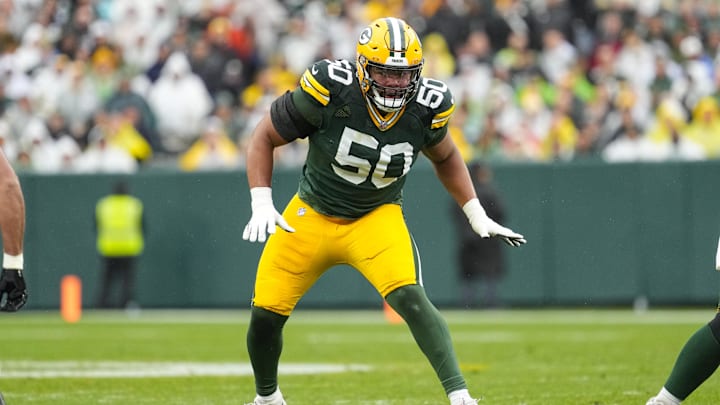 Oct 13, 2024; Green Bay, Wisconsin, USA;  Green Bay Packers offensive linenam Zach Tom (50) during the game against the Arizona Cardinals at Lambeau Field.
