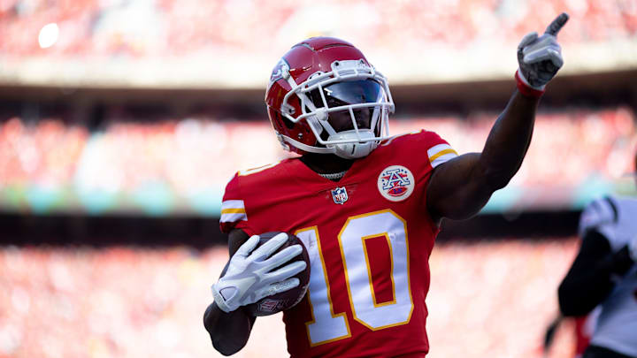 Kansas City Chiefs wide receiver Tyreek Hill (10) celebrates after a first down catch in the first quarter during the AFC championship NFL football game, Sunday, Jan. 30, 2022, at GEHA Field at Arrowhead Stadium in Kansas City, Mo.

Cincinnati Bengals At Kansas City Chiefs Jan 30 Afc Championship 54

Syndication The Enquirer