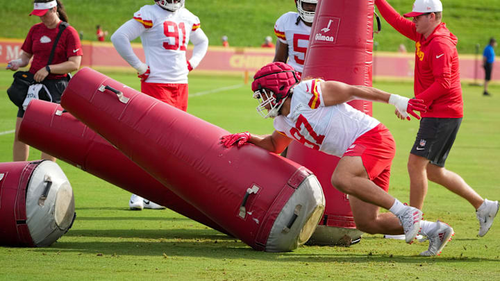 Jul 22, 2025; St. Joseph, MO, USA; Kansas City Chiefs defensive end Ashton Gillotte (97) runs drills during training camp at Missouri Western State University. Mandatory Credit: Denny Medley-Imagn Images