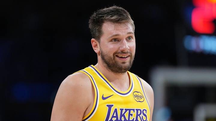 Mar 6, 2026; Los Angeles, California, USA; Los Angeles Lakers guard Luka Doncic (77) reacts against the Indiana Pacers in the second half at Crypto.com Arena. Mandatory Credit: Kirby Lee-Imagn Images