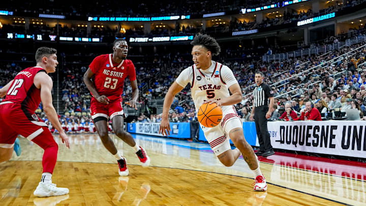 Mar 21, 2024; Pittsburgh, PA, USA; Texas Tech Red Raiders guard Darrion Williams (5) dribbles the ball down the court in the first round of the 2024 NCAA Tournament at PPG Paints Arena. Mandatory Credit: Gregory Fisher-Imagn Images