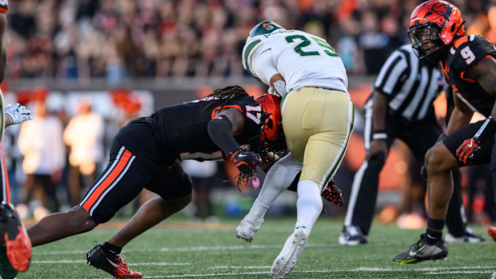 Oct 5, 2024; Corvallis, Oregon, USA; Oregon State Beavers defensive back Skyler Thomas (17) tackles Colorado State Rams running back Avery Morrow (25) during the second half at Reser Stadium. Mandatory Credit: Craig Strobeck-Imagn Images Oct 5, 2024; Corvallis, Oregon, USA; Oregon State Beavers defensive back Skyler Thomas (17) tackles Colorado State Rams running back Avery Morrow (25) during the second half at Reser Stadium. Mandatory Credit: Craig Strobeck-Imagn Images