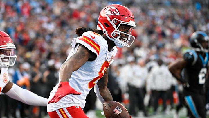 Nov 24, 2024; Charlotte, North Carolina, USA; Kansas City Chiefs wide receiver DeAndre Hopkins (8) reacts after catching a touchdown in the third quarter at Bank of America Stadium. Mandatory Credit: Bob Donnan-Imagn Images Nov 24, 2024; Charlotte, North Carolina, USA; Kansas City Chiefs wide receiver DeAndre Hopkins (8) reacts after catching a touchdown in the third quarter at Bank of America Stadium. Mandatory Credit: Bob Donnan-Imagn Images