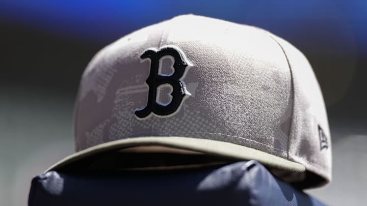 May 26, 2025; Milwaukee, Wisconsin, USA;  General view of a Boston Red Sox hat during warmups prior the game against the Milwaukee Brewers at American Family Field. Mandatory Credit: Jeff Hanisch-Imagn Images