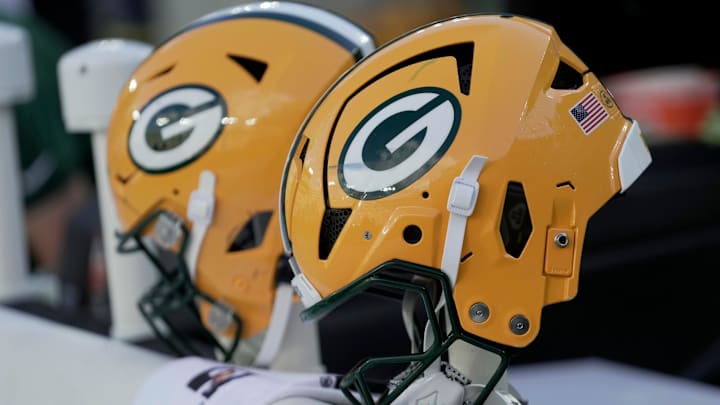 Helmets are shown during the fourth quarter of their preseason game Saturday, August 23, 2025 at Lambeau Field in Green Bay, Wisconsin. The Green Bay Packers beat the Seattle Seahawks 20-7.
