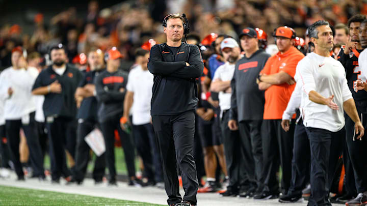Oct 5, 2024; Corvallis, Oregon, USA; Oregon State Beavers head coach Trent Bray looks on from the sidelines in double overtime against the Colorado State Rams at Reser Stadium. Mandatory Credit: Craig Strobeck-Imagn Images Oct 5, 2024; Corvallis, Oregon, USA; Oregon State Beavers head coach Trent Bray looks on from the sidelines in double overtime against the Colorado State Rams at Reser Stadium. Mandatory Credit: Craig Strobeck-Imagn Images