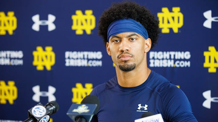 Notre Dame corner back Jaden Mickey addresses media after a Notre Dame football practice at Irish Athletic Center on Thursday, Aug. 15, 2024, in South Bend.