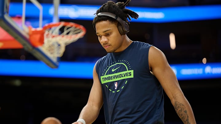 Dec 12, 2025; San Francisco, California, USA; Minnesota Timberwolves guard Terrence Shannon Jr. (1) warms up before the game against the Golden State Warriors at Chase Center.