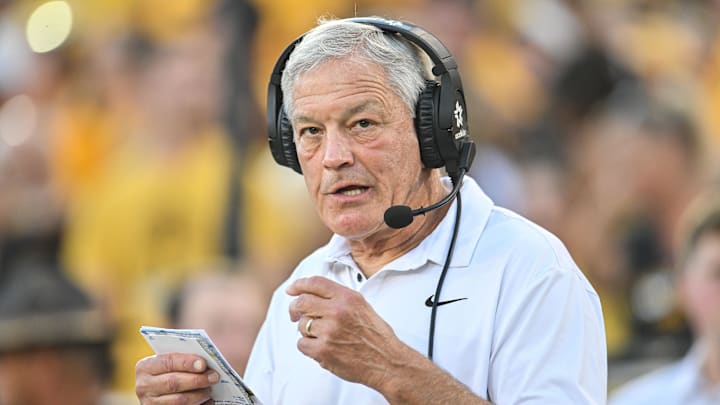 Sep 13, 2025; Iowa City, Iowa, USA; Iowa Hawkeyes head coach Kirk Ferentz looks on before the game against the Massachusetts Minutemen at Kinnick Stadium. Mandatory Credit: Jeffrey Becker-Imagn Images Sep 13, 2025; Iowa City, Iowa, USA; Iowa Hawkeyes head coach Kirk Ferentz looks on before the game against the Massachusetts Minutemen at Kinnick Stadium. Mandatory Credit: Jeffrey Becker-Imagn Images