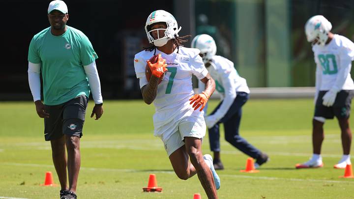Miami Dolphins wide receiver Caleb Douglas (7) works during rookie minicamp at the Baptist Health Training Complex. Miami Dolphins wide receiver Caleb Douglas (7) works during rookie minicamp at the Baptist Health Training Complex.