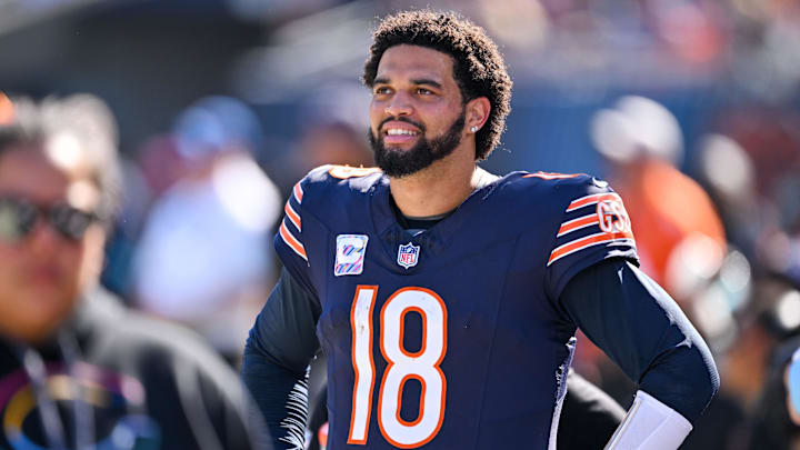 Oct 6, 2024; Chicago, Illinois, USA; Bears QB Caleb Williams looks on from the sideline against the Panthers during the third quarter at Soldier Field. Daniel Bartel-Imagn Images