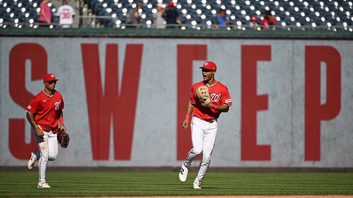 Sep 13, 2026; Washington, District of Columbia, USA;  Washington Nationals left fielder Andrew Pinckney (45) reacts after sweeping the Los Angeles Angels at Nationals Park.  Mandatory Credit: Rafael Suanes-Imagn Images