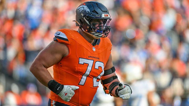 DENVER, CO - OCTOBER 13: Broncos offensive tackle Garett Bolles (72) during a game between the Denver Broncos and the Los Angeles Chargers at Empower Field at Mile High in Denver, CO on October 13, 2024. 