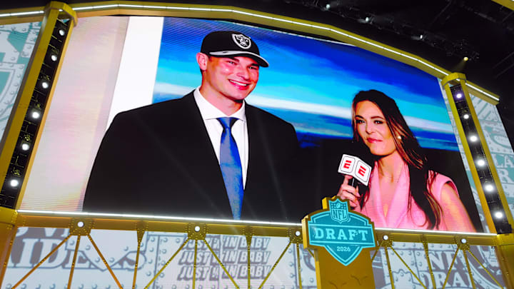 Apr 23, 2026; Pittsburgh, PA, USA; Indiana Hoosiers quarterback Fernando Mendoza is selected by the Las Vegas Raiders as the number one pick during the 2026 NFL Draft at Acrisure Stadium. Mandatory Credit: Kirby Lee-Imagn Images