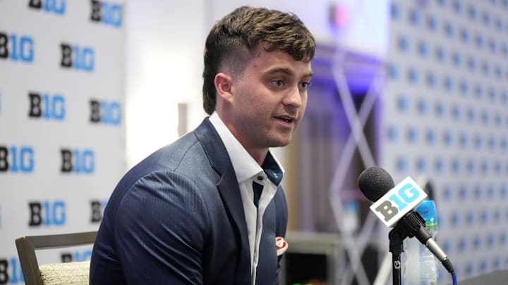 Jul 22, 2025; Las Vegas, NV, USA; Illinois quarterback Luke Altmyer speaks to the media during the Big Ten NCAA college football media days at Mandalay Bay Resort. Mandatory Credit: Lucas Peltier-Imagn Images