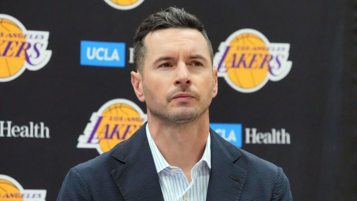 Los Angeles Lakers coach JJ Redick at a press conference at the UCLA Health Training Center. Mandatory Credit: Los Angeles Lakers coach JJ Redick at a press conference at the UCLA Health Training Center. Mandatory Credit: