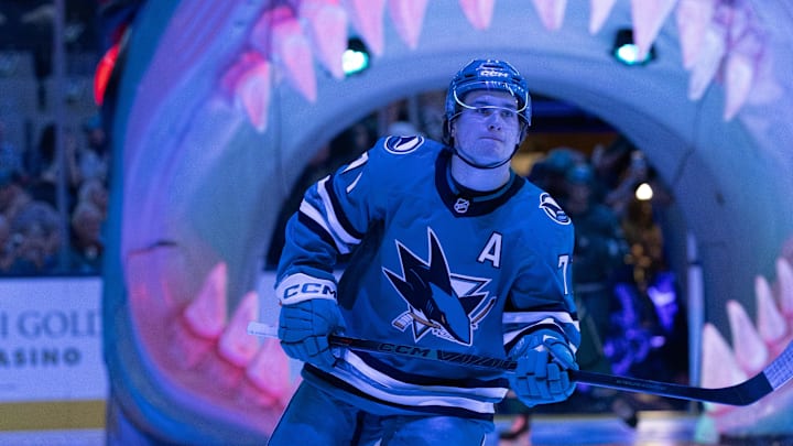Mar 19, 2026; San Jose, California, USA; San Jose Sharks center Macklin Celebrini emerges for warmup before taking on the Buffalo Sabres at SAP Center at San Jose. 