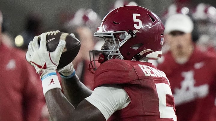 Nov 30, 2024; Tuscaloosa, Alabama, USA; Alabama Crimson Tide wide receiver Germie Bernard (5) makes a catch against the Auburn Tigers during the second half at Bryant-Denny Stadium. Alabama won 28-14. Mandatory Credit: Gary Cosby Jr.-Imagn Images