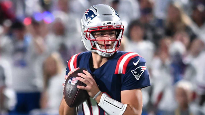 Oct 5, 2025; Orchard Park, New York, USA; New England Patriots quarterback Drake Maye (10) stands in the pocket in the first quarter game against the Buffalo Bills at Highmark Stadium. Mandatory Credit: Mark Konezny-Imagn Images