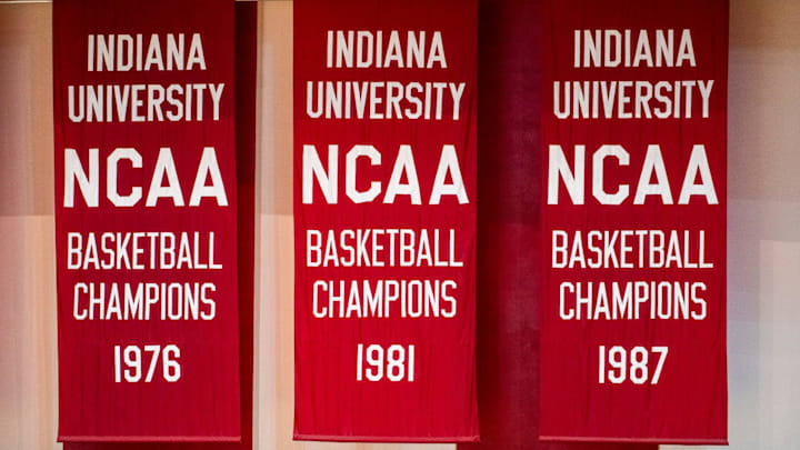 The three national championship banners from teams coached by Bob Knight hang during the Indiana versus Northwood women's basketball game at Simon Skjodt Assembly Hall on Wednesday, Nov. 1, 2023.