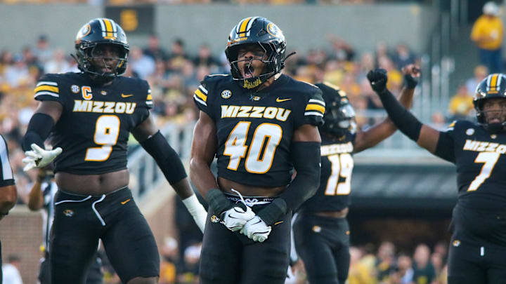 Aug 28, 2025; Columbia, MO, USA; Missouri Tigers linebacker Josiah Trotter (40) celebrates a tackle against Central Arkansas. In his first game at Mizzou, Trotter completes eight tackles on the night, including one tackle resulting in a loss of two yards.